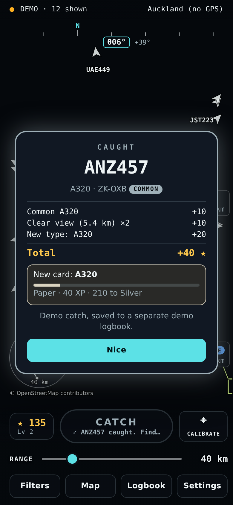 SpotterGO catch screen: ANZ457, an A320, caught 5.4 km away for 40 points
