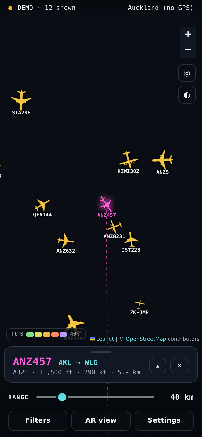 Map of planes nearby with one selected